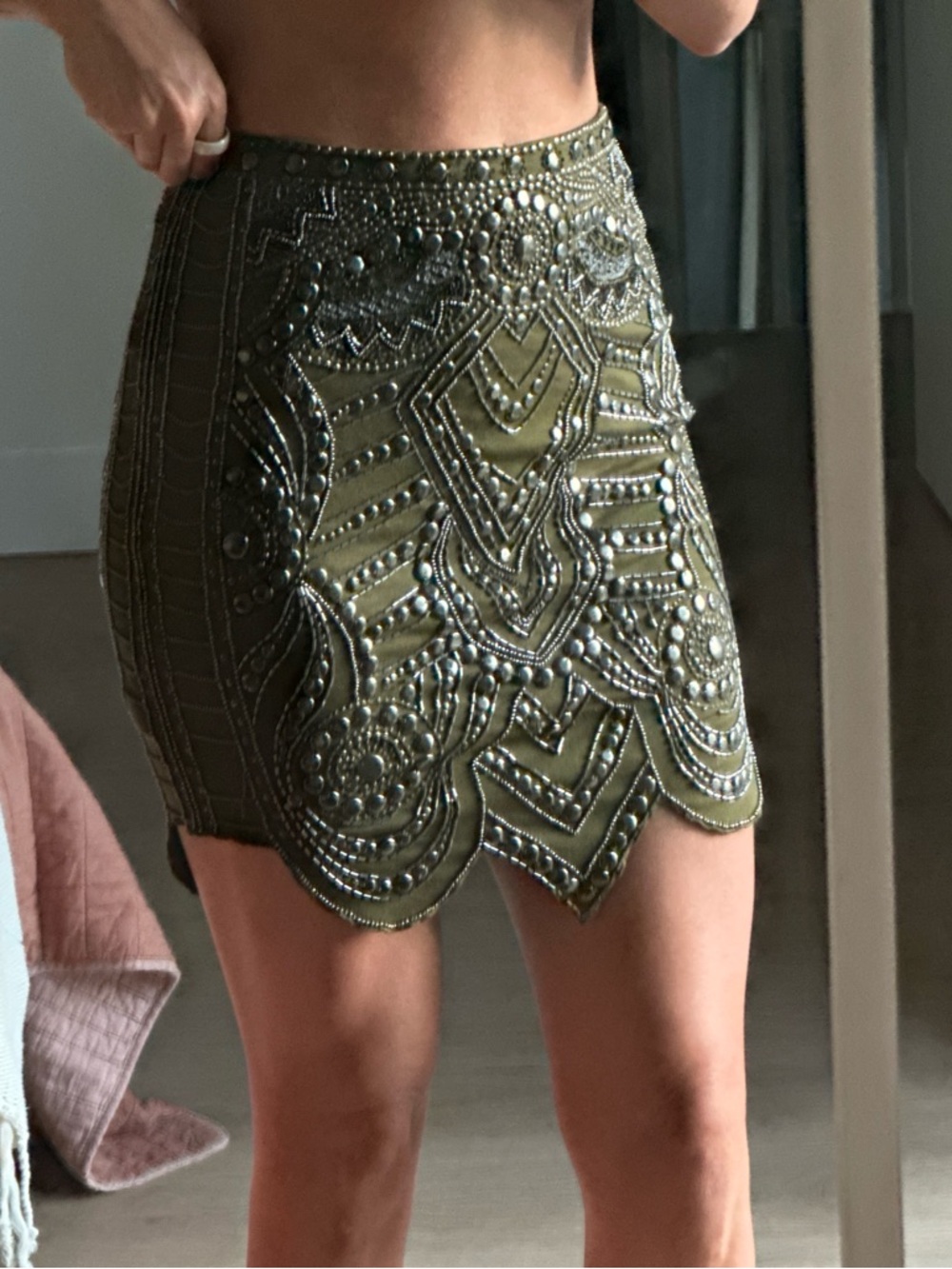 Haute Hippie Olive Beaded Scallop-Hem Mini Skirt